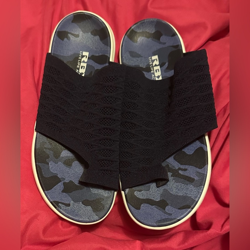 RBX Black Knit and Blue Camo Slides